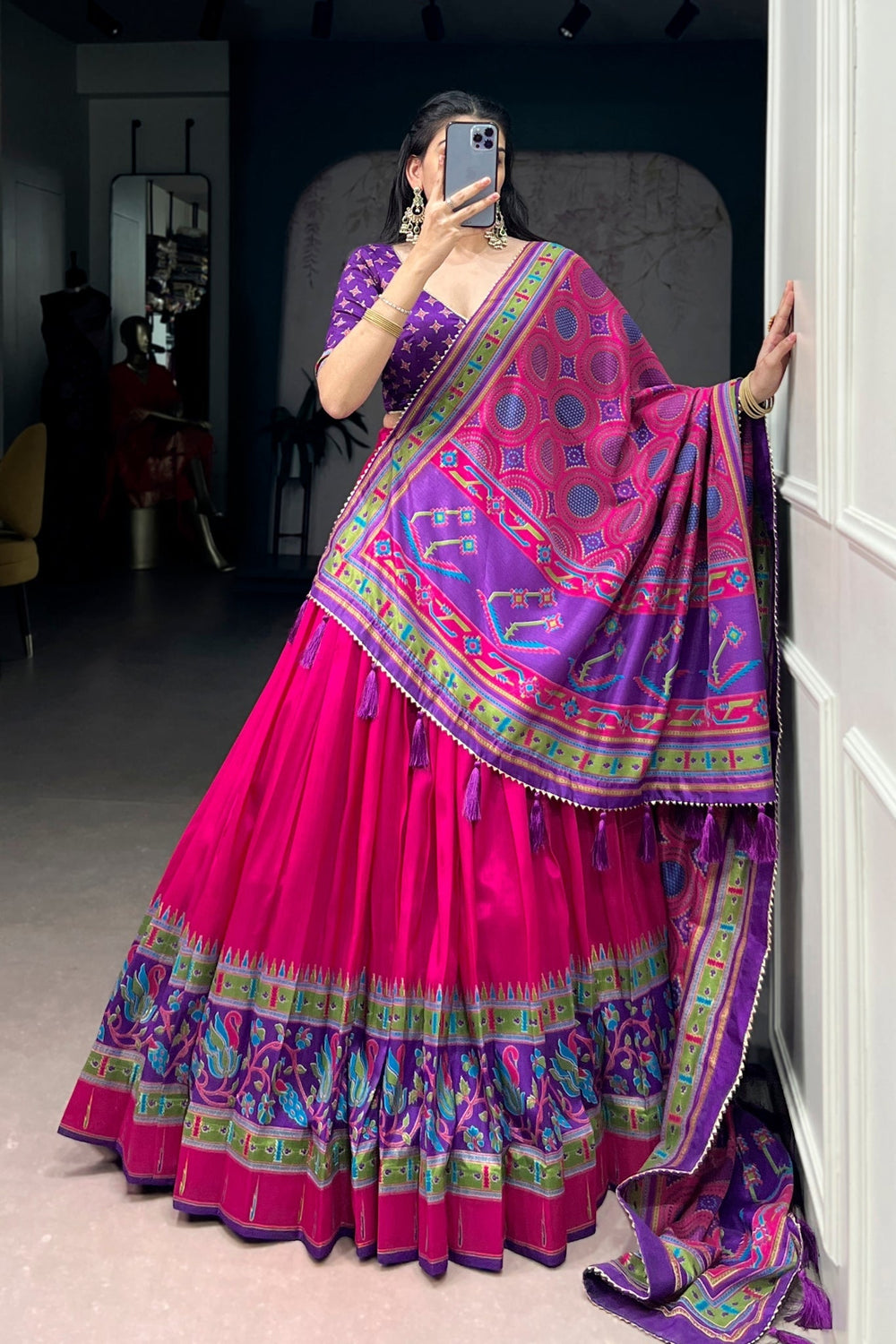 Pink Printed Tasar Silk Festive Lehenga Choli for Women