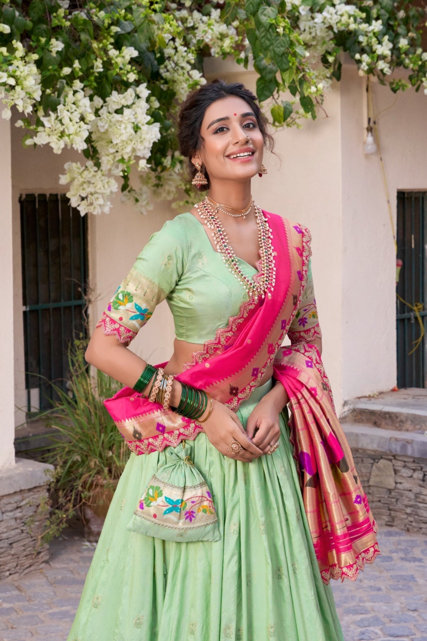 Pista Traditional Paithani Jacquard Sik Lehenga Set For Wedding