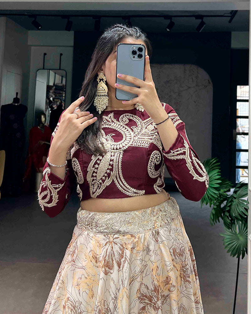 Cream Eye Catching Tussar Silk Printed Embroidered Lehenga Choli for Women