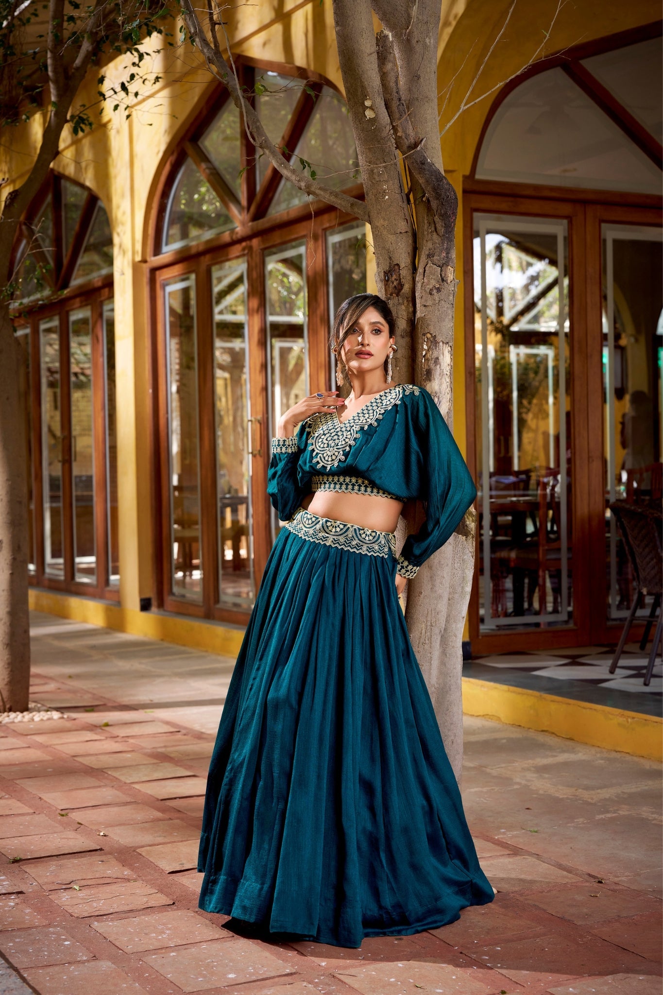 Pearl Blue Designer Vichitra Silk Thread Embroidered Lehenga Co Ord Set