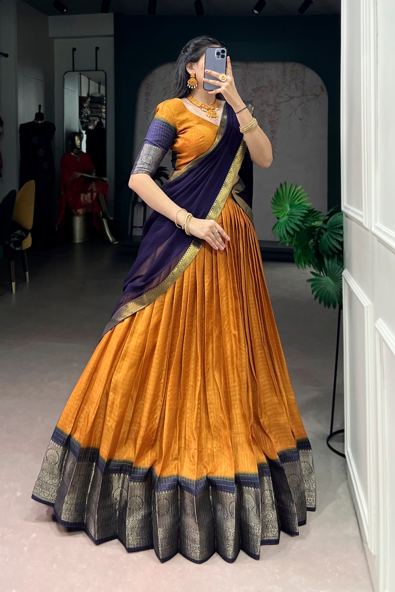 Mustard Zari Weaving Embroidered Festive Lehenga Choli for Women