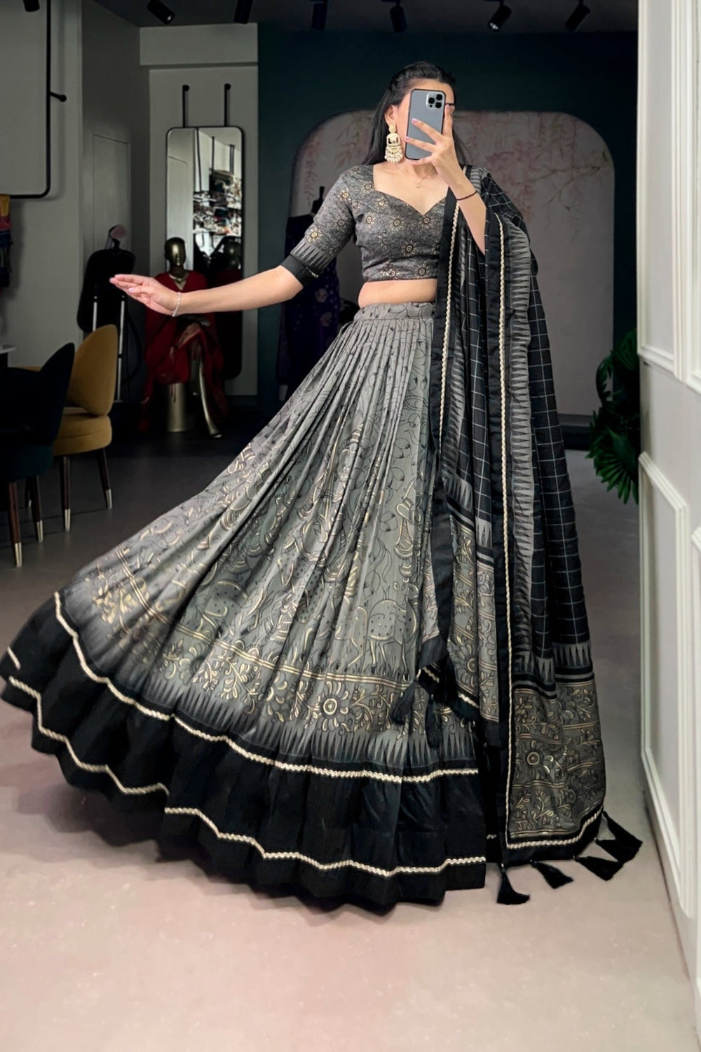 Gold Festive Kalamkari Printed Tasar Silk Lehenga Choli With Dupatta