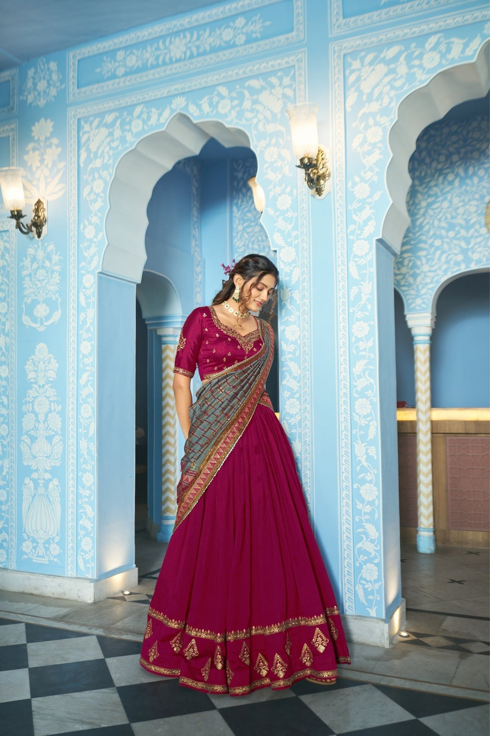 Stunning Vichitra Silk Embroidery Sequins Worked Lehenga Choli Set - Zimonza