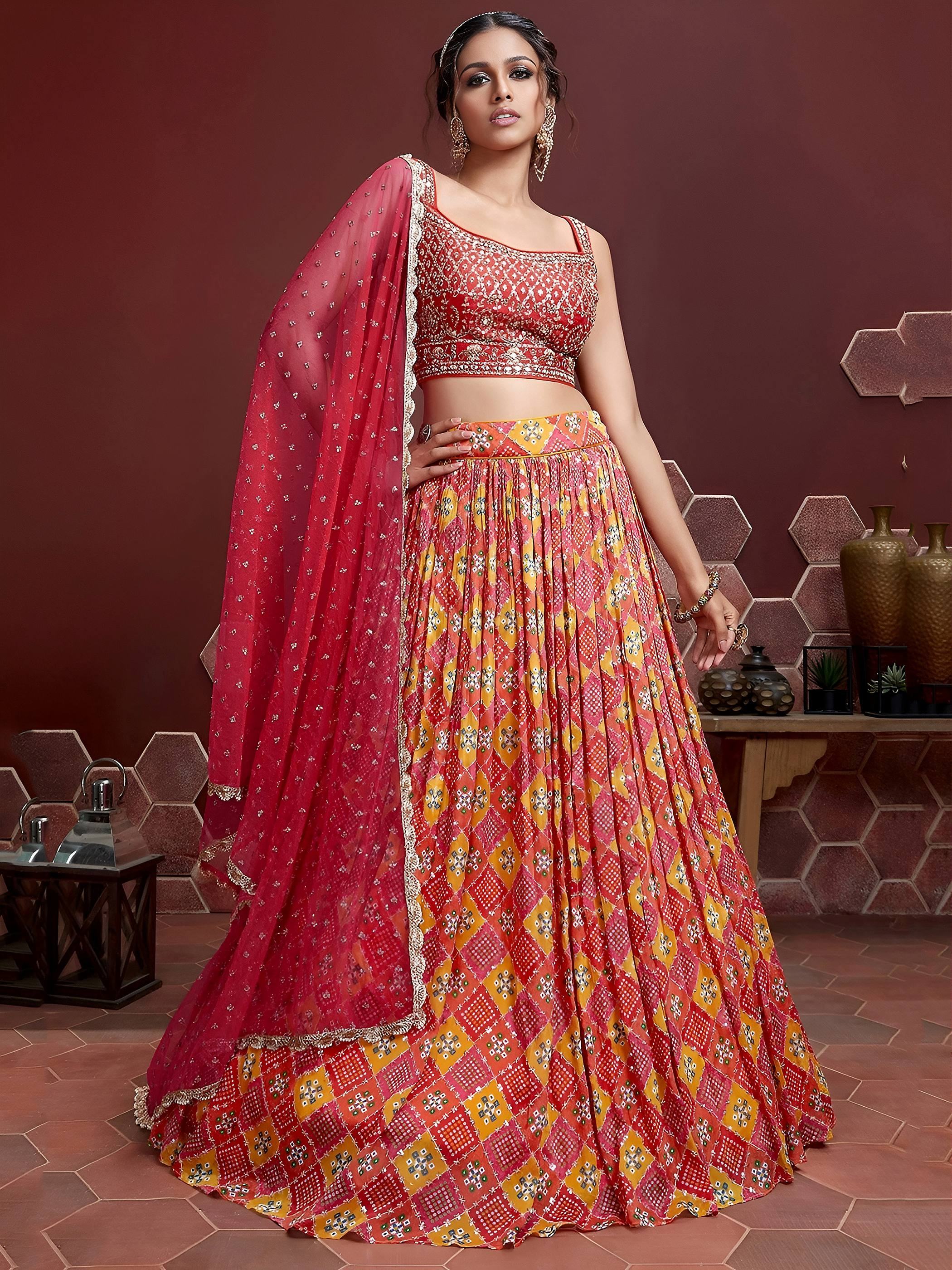 Red Chinon Digital Print Wear Festival Wear Lehenga Choli for Women