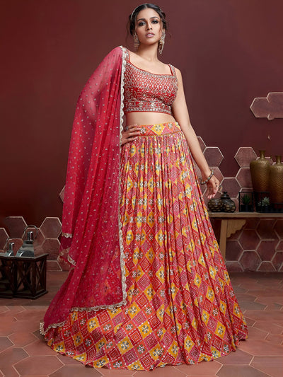 Red Chinon Digital Print Wear Festival Wear Lehenga Choli for Women