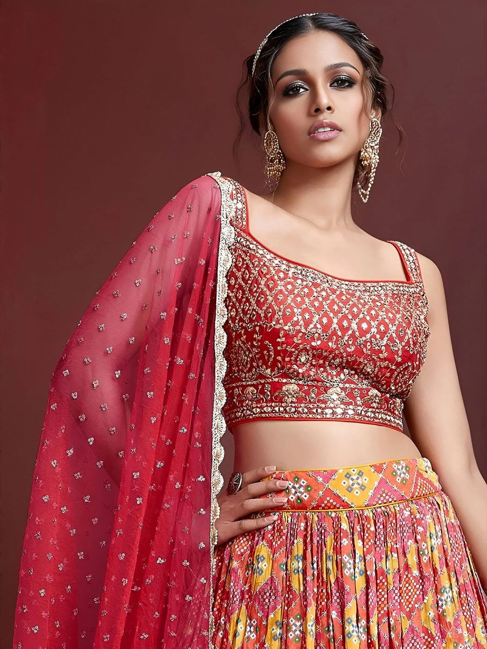 Red Chinon Digital Print Wear Festival Wear Lehenga Choli for Women