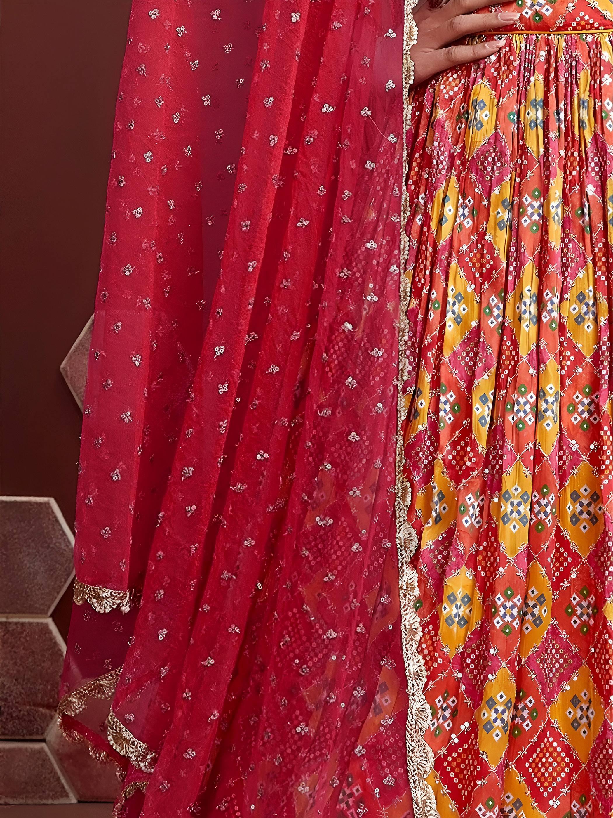 Red Chinon Digital Print Wear Festival Wear Lehenga Choli for Women