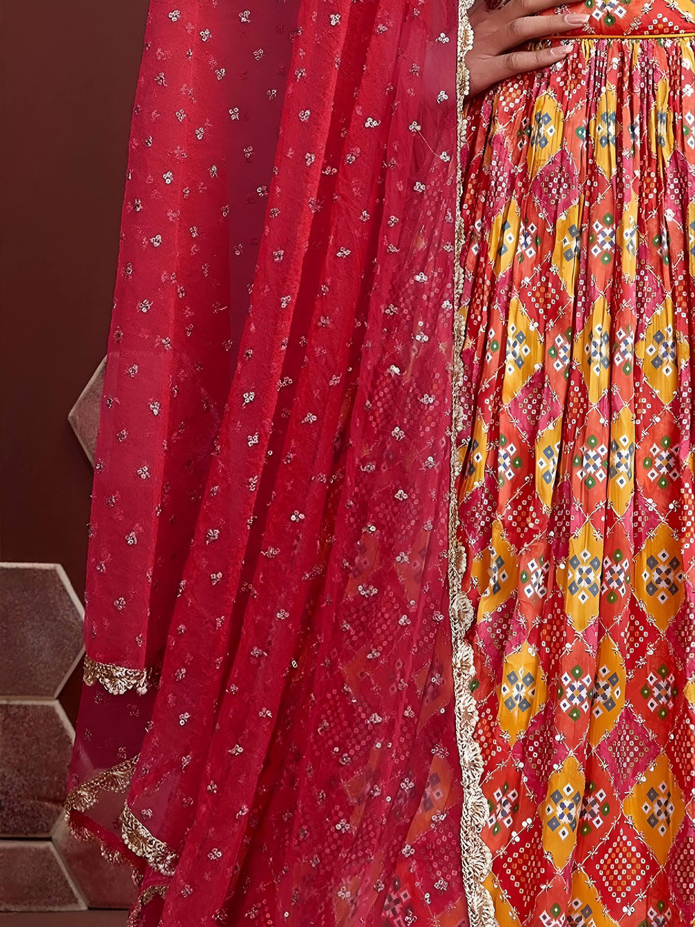 Red Chinon Digital Print Wear Festival Wear Lehenga Choli for Women