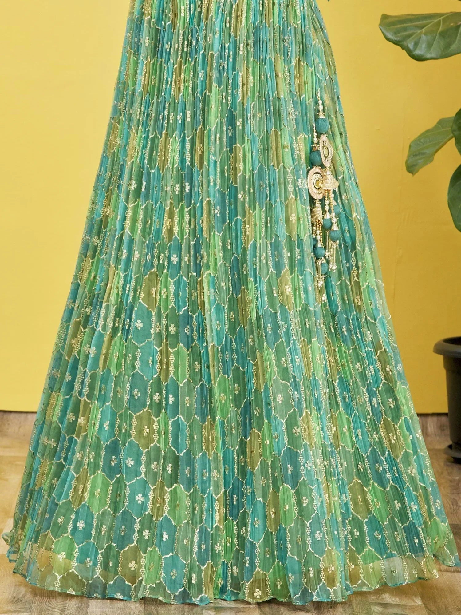 Rocking Green Mirror Work Organza Mehendi Lehenga Choli for Women