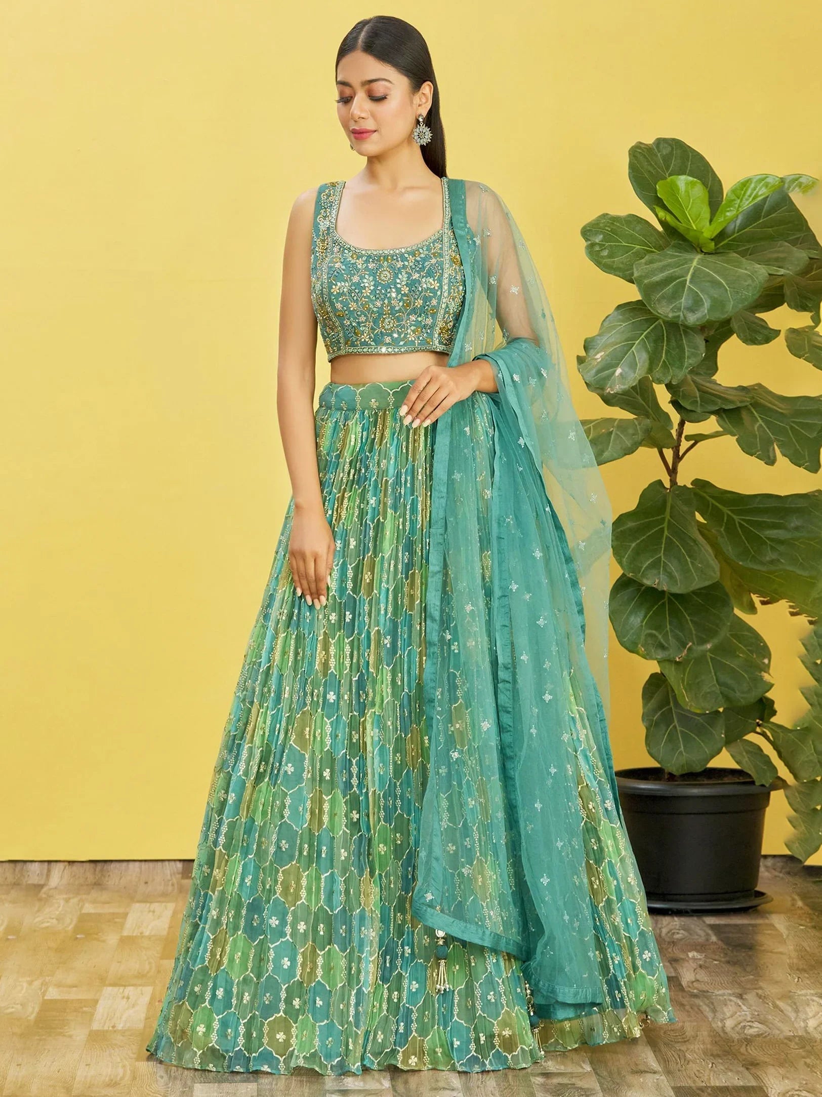 Rocking Green Mirror Work Organza Mehendi Lehenga Choli for Women