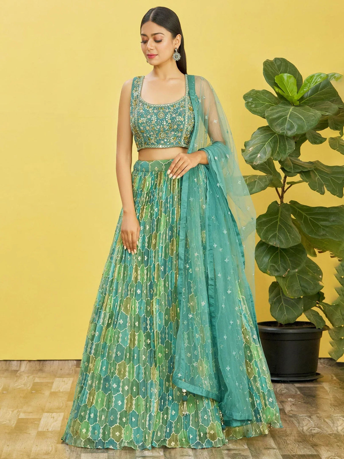 Rocking Green Mirror Work Organza Mehendi Lehenga Choli for Women