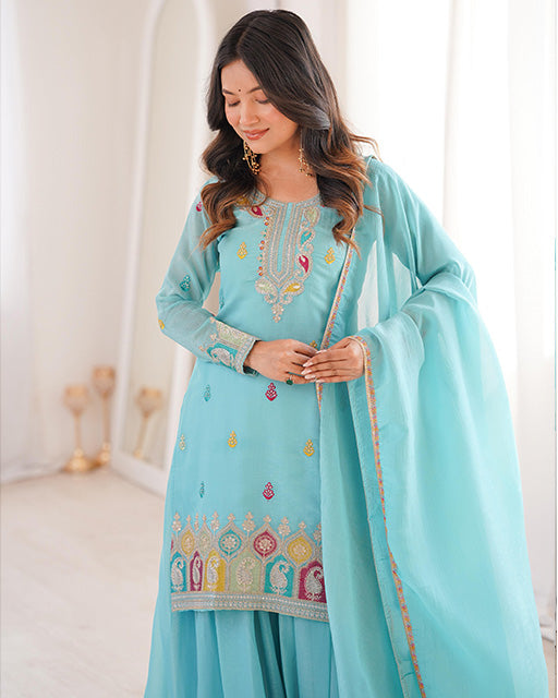Sky Blue Crunchy Silk Festive Sharara Suit for Women