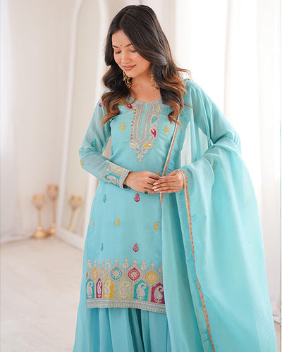 Sky Blue Crunchy Silk Festive Sharara Suit for Women