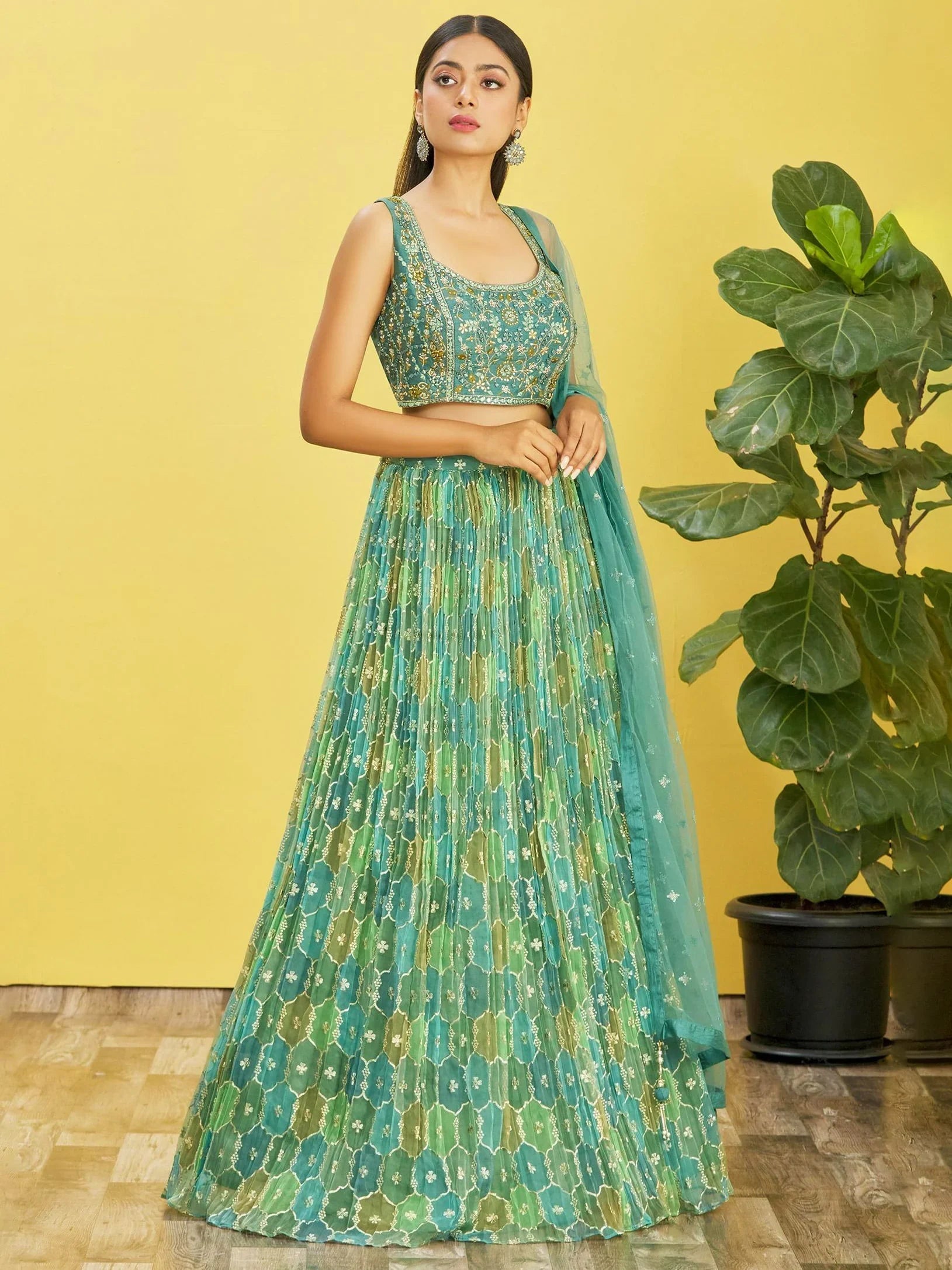 Rocking Green Mirror Work Organza Mehendi Lehenga Choli for Women