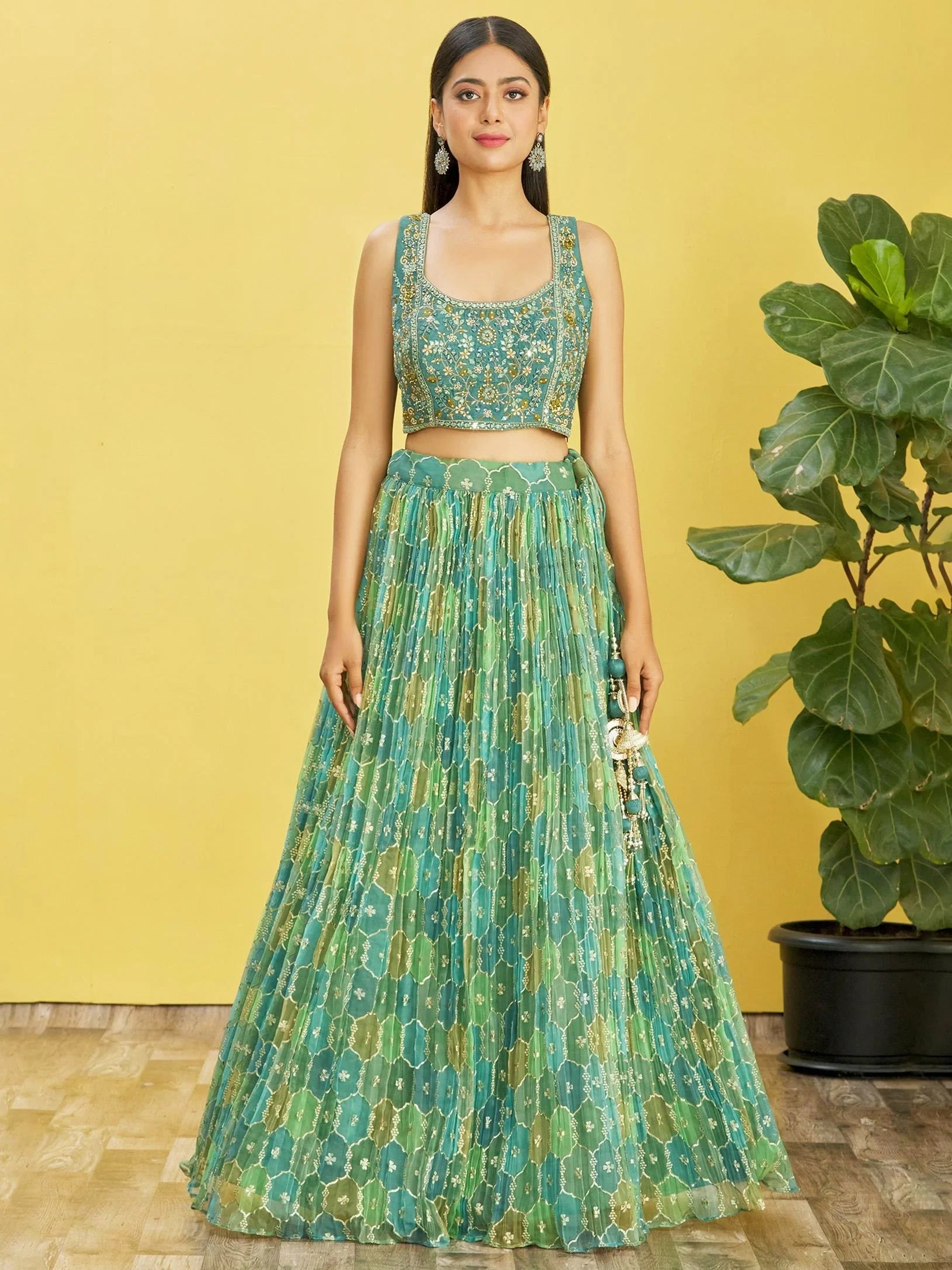 Rocking Green Mirror Work Organza Mehendi Lehenga Choli for Women