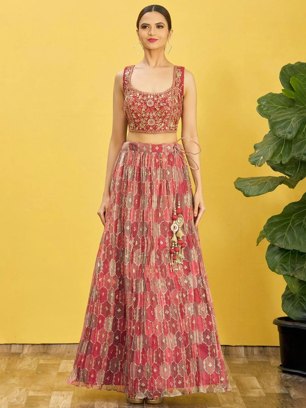 Elegance Brown Mirror Work Organza Festival Lehenga Choli for Ladies