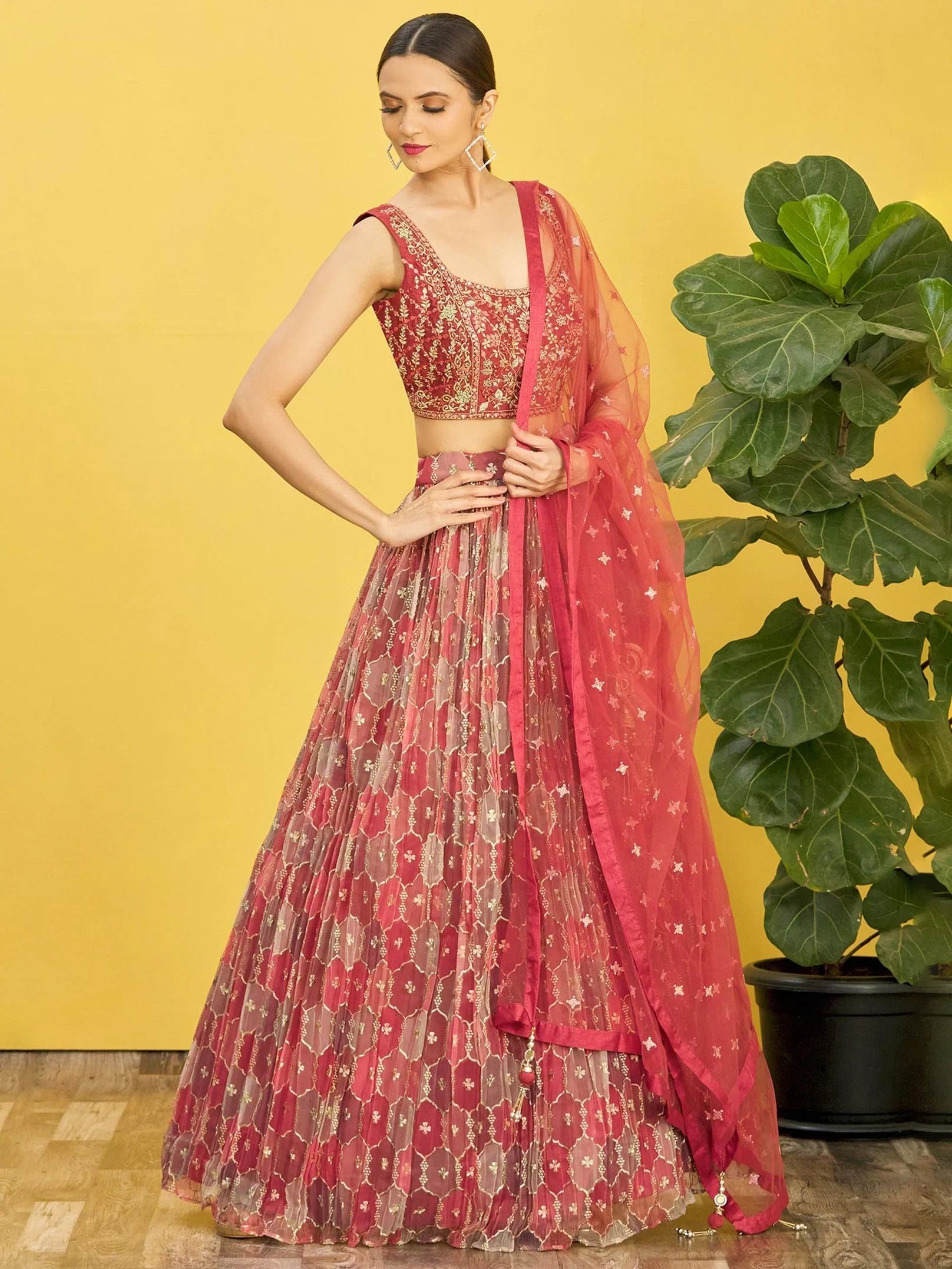 Elegance Brown Mirror Work Organza Festival Lehenga Choli for Ladies