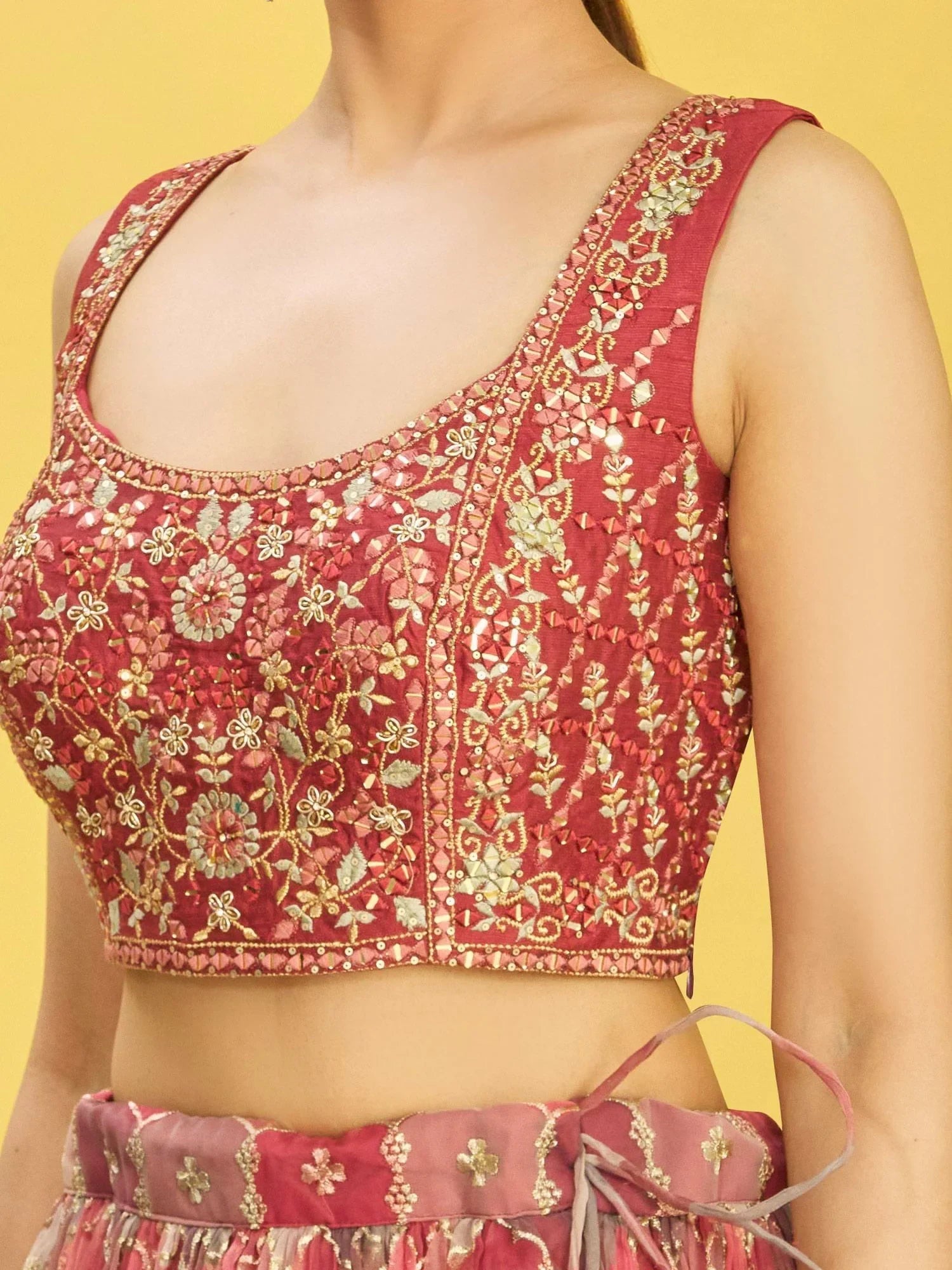 Elegance Brown Mirror Work Organza Festival Lehenga Choli for Ladies