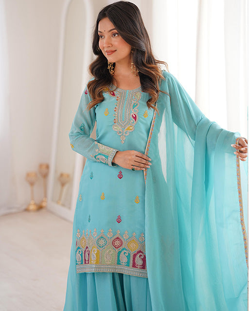 Sky Blue Crunchy Silk Festive Sharara Suit for Women