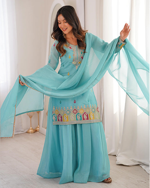 Sky Blue Crunchy Silk Festive Sharara Suit for Women