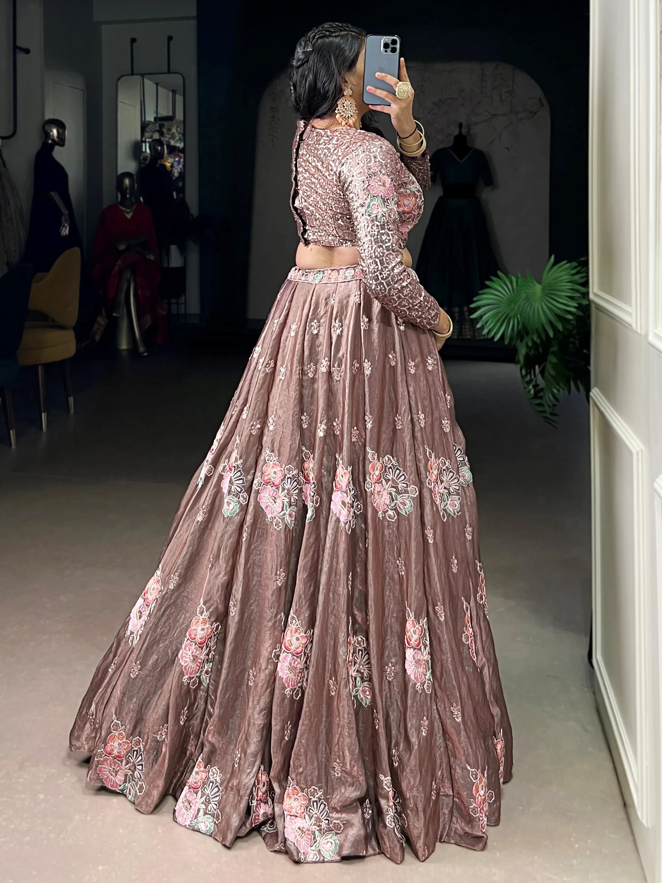 Pink Organza Embroidered Party Wear Crop Top Lehenga