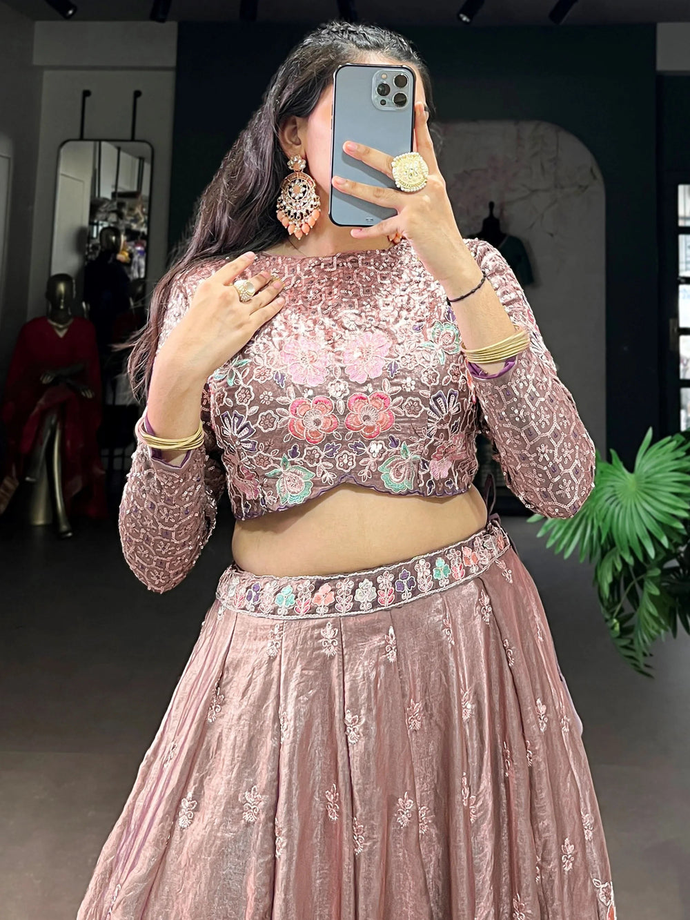 Pink Organza Embroidered Party Wear Crop Top Lehenga