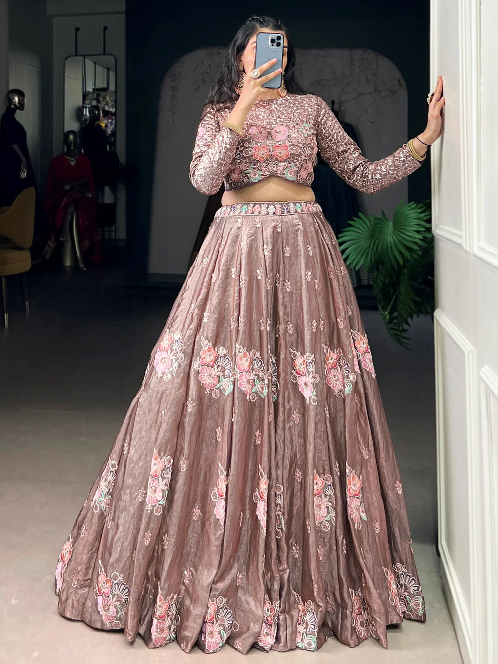 Pink Organza Embroidered Party Wear Crop Top Lehenga