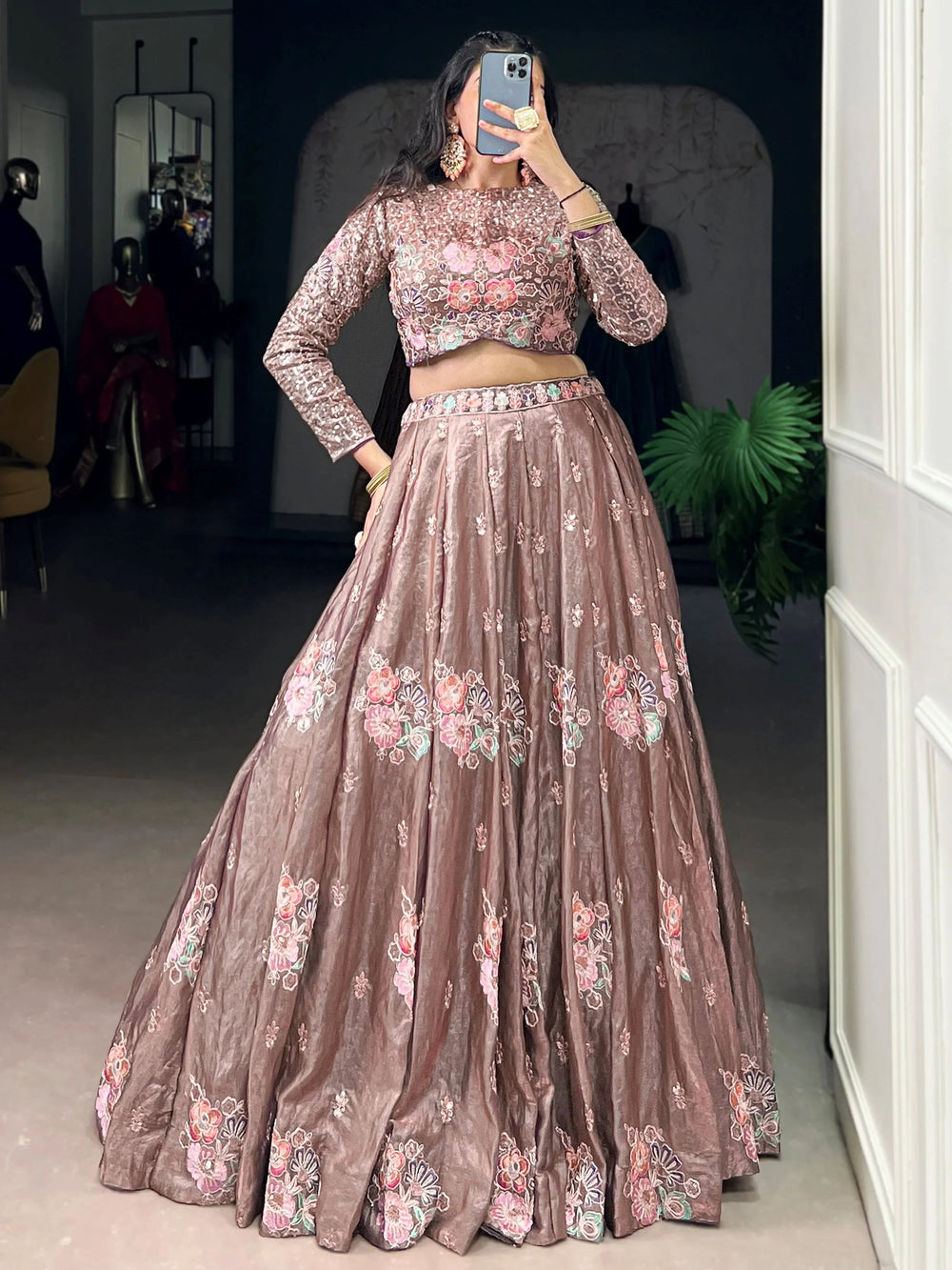 Pink Organza Embroidered Party Wear Crop Top Lehenga