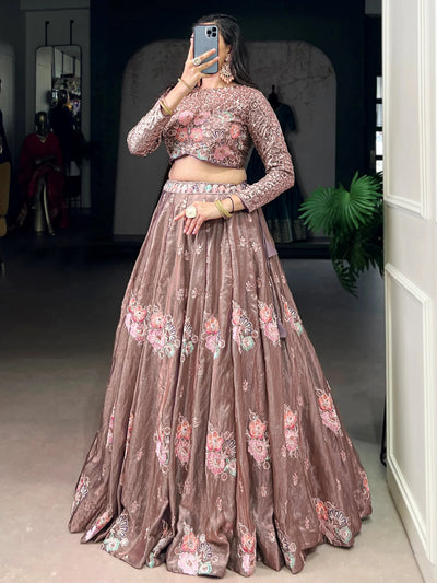 Pink Organza Embroidered Party Wear Crop Top Lehenga