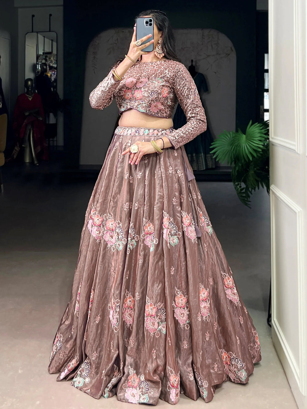 Pink Organza Embroidered Party Wear Crop Top Lehenga