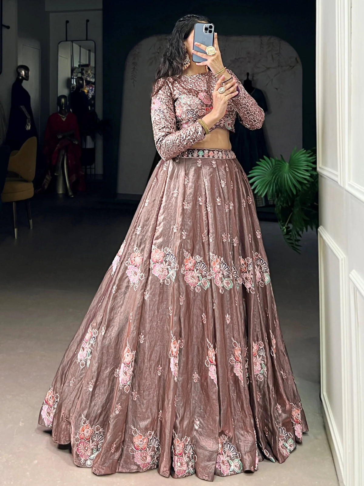 Pink Organza Embroidered Party Wear Crop Top Lehenga