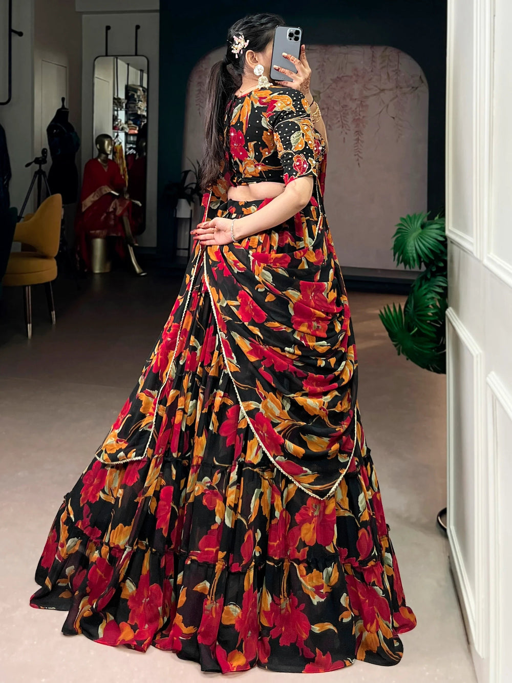 Black Georgette Floral Printed Function Lehenga Choli for Women