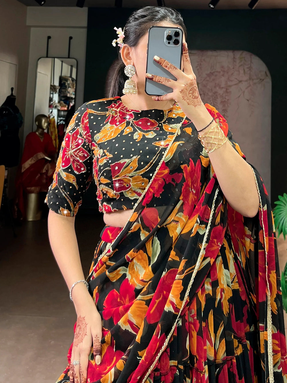 Black Georgette Floral Printed Function Lehenga Choli for Women