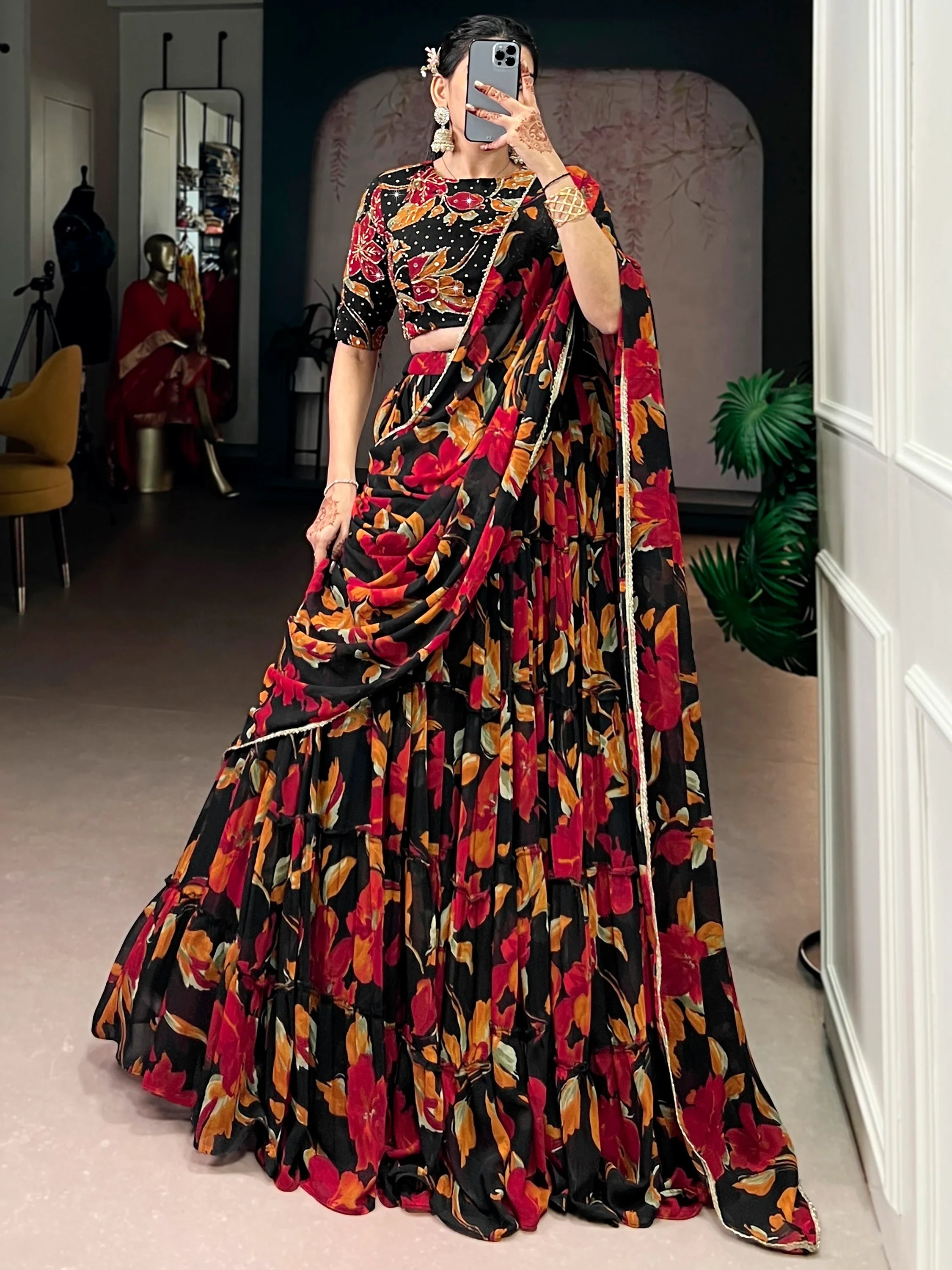 Black Georgette Floral Printed Function Lehenga Choli for Women