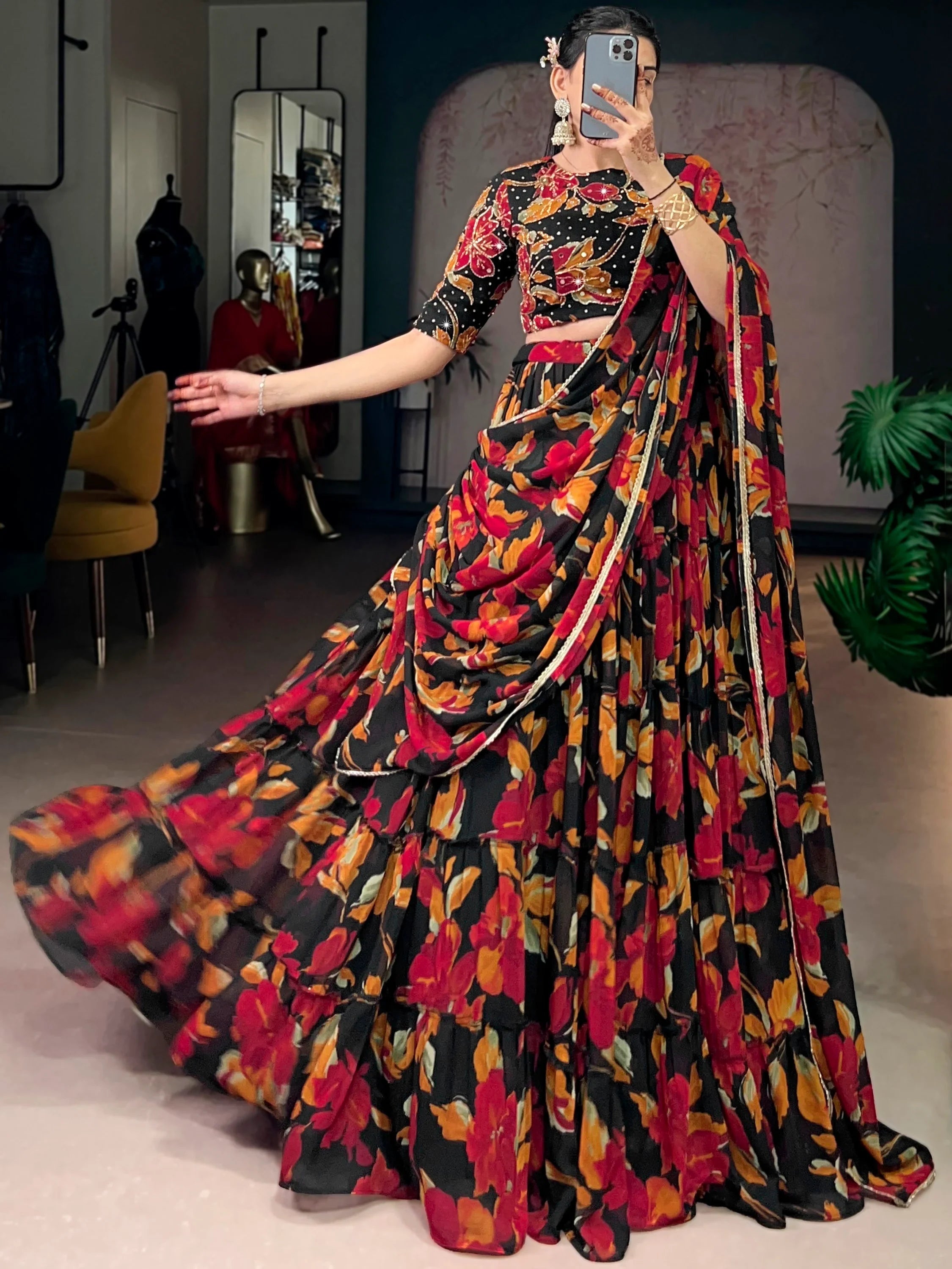 Black Georgette Floral Printed Function Lehenga Choli for Women