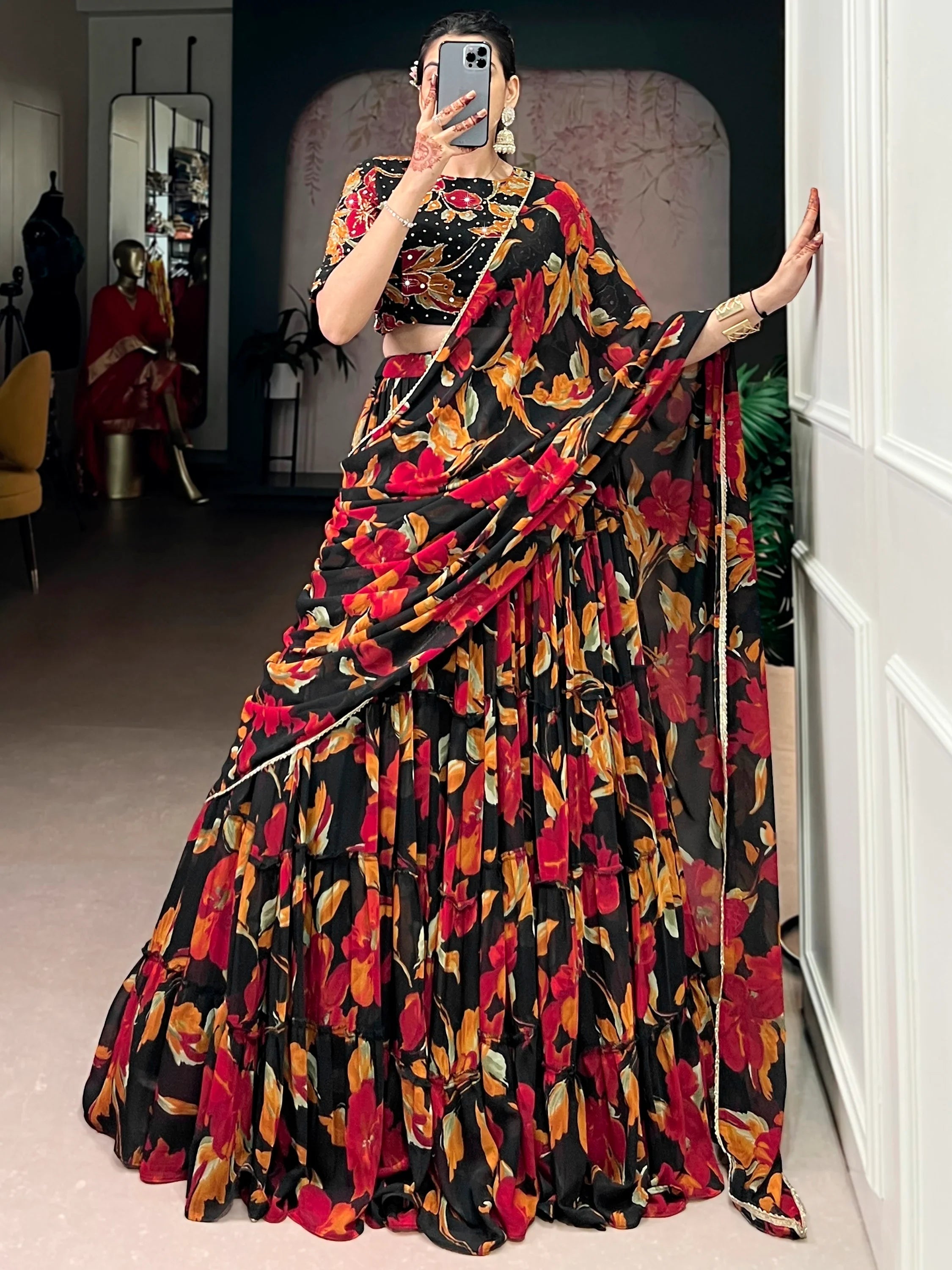 Black Georgette Floral Printed Function Lehenga Choli for Women