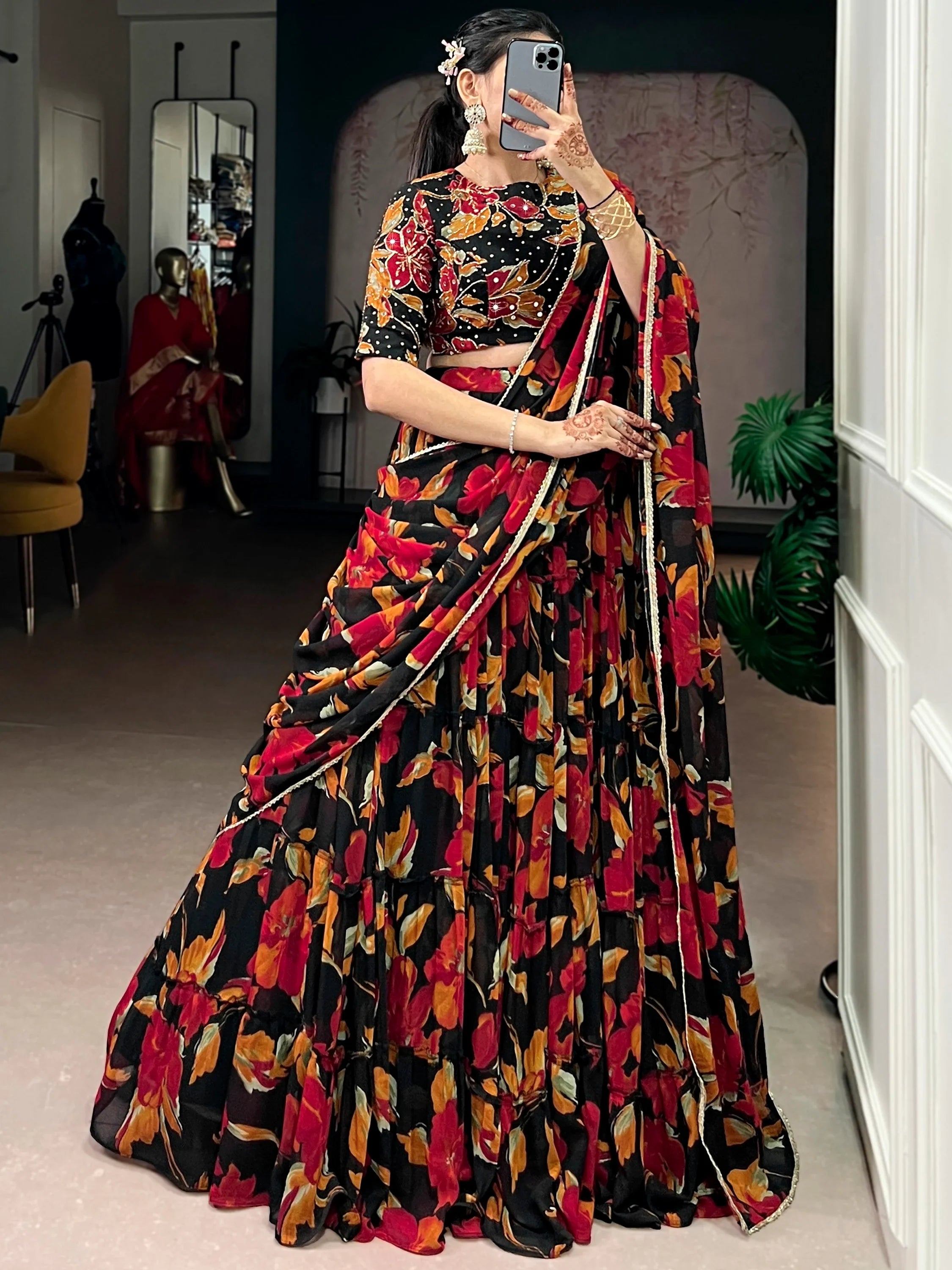 Black Georgette Floral Printed Function Lehenga Choli for Women