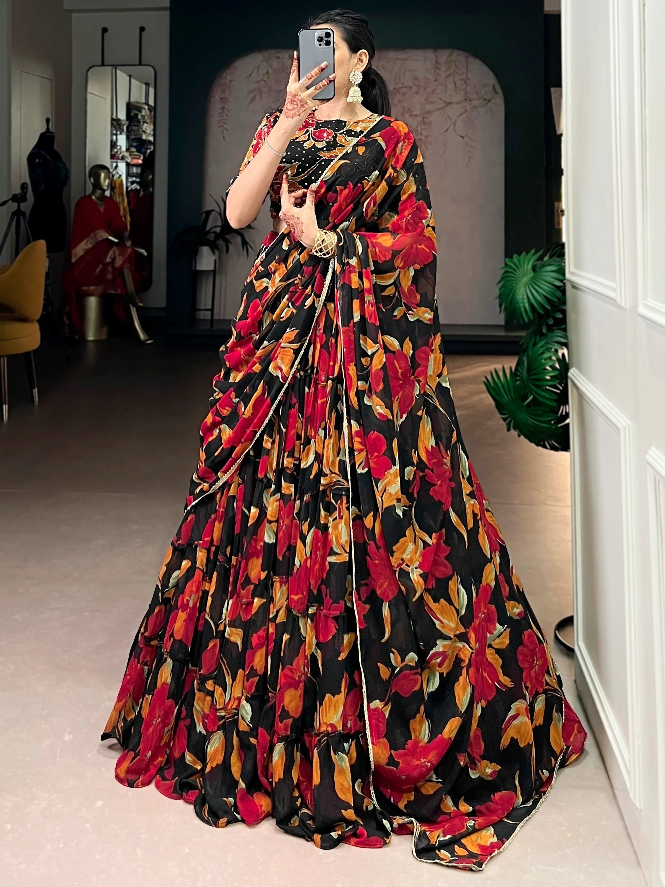 Black Georgette Floral Printed Function Lehenga Choli for Women