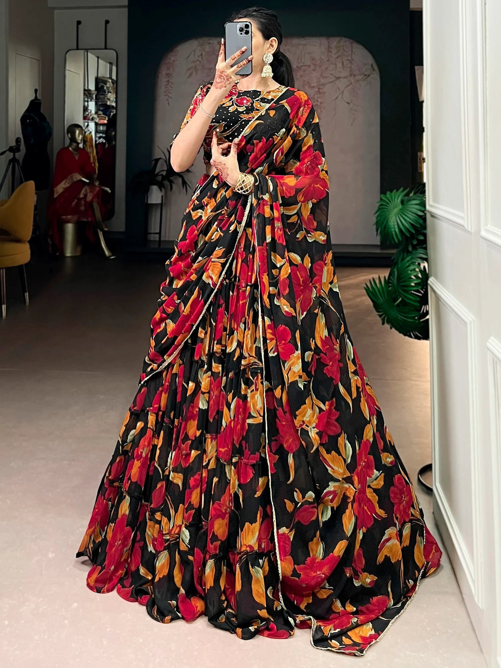 Black Georgette Floral Printed Function Lehenga Choli for Women