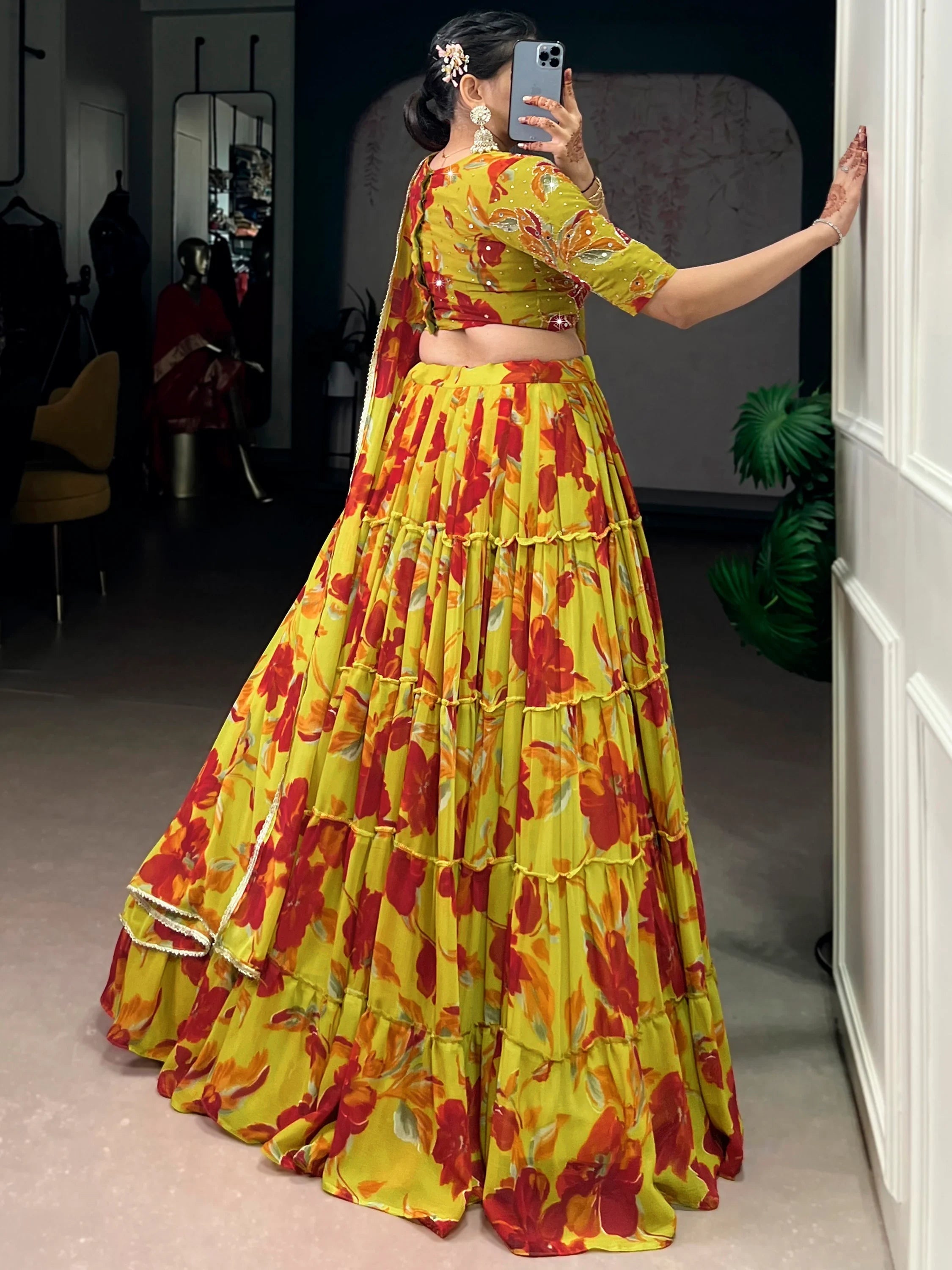 Yellow Georgette Floral Printed Festival Lehenga Choli for Women
