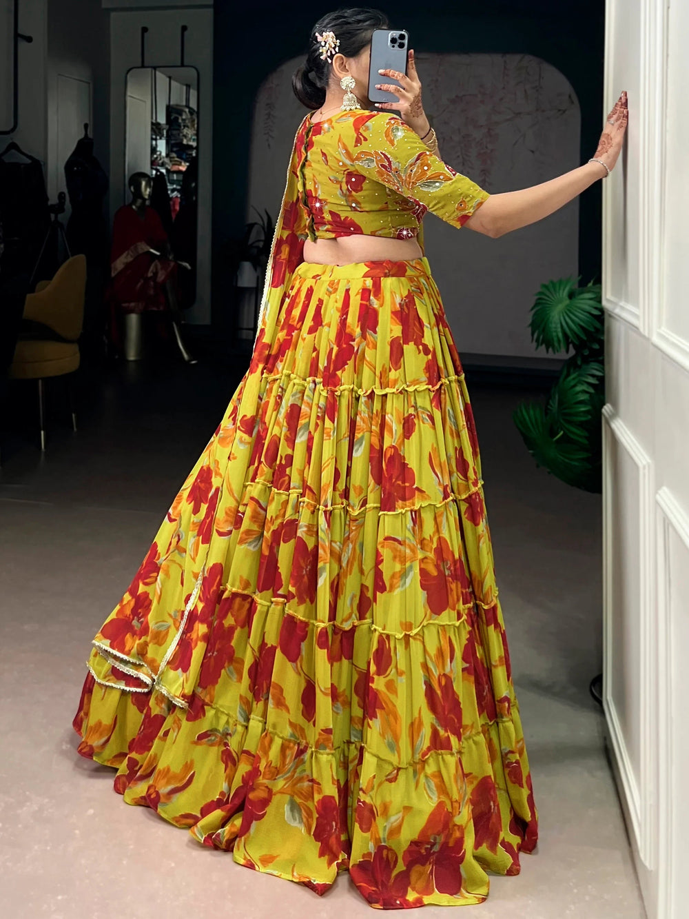 Yellow Georgette Floral Printed Festival Lehenga Choli for Women