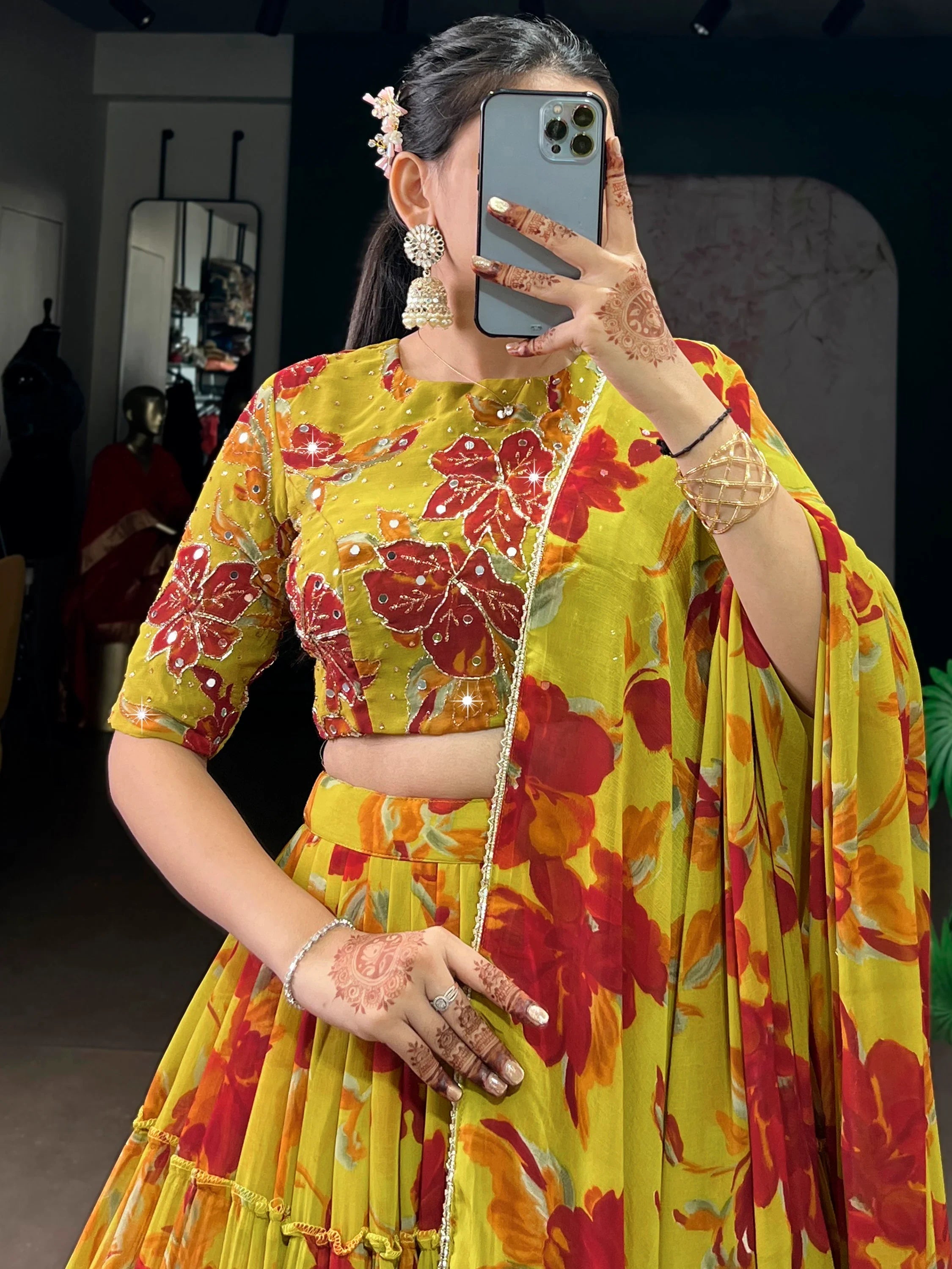 Yellow Georgette Floral Printed Festival Lehenga Choli for Women