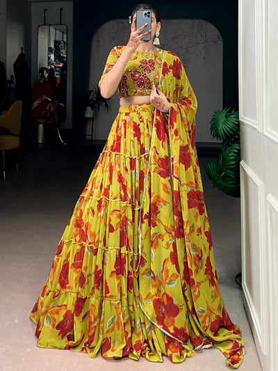 Yellow Georgette Floral Printed Festival Lehenga Choli for Women
