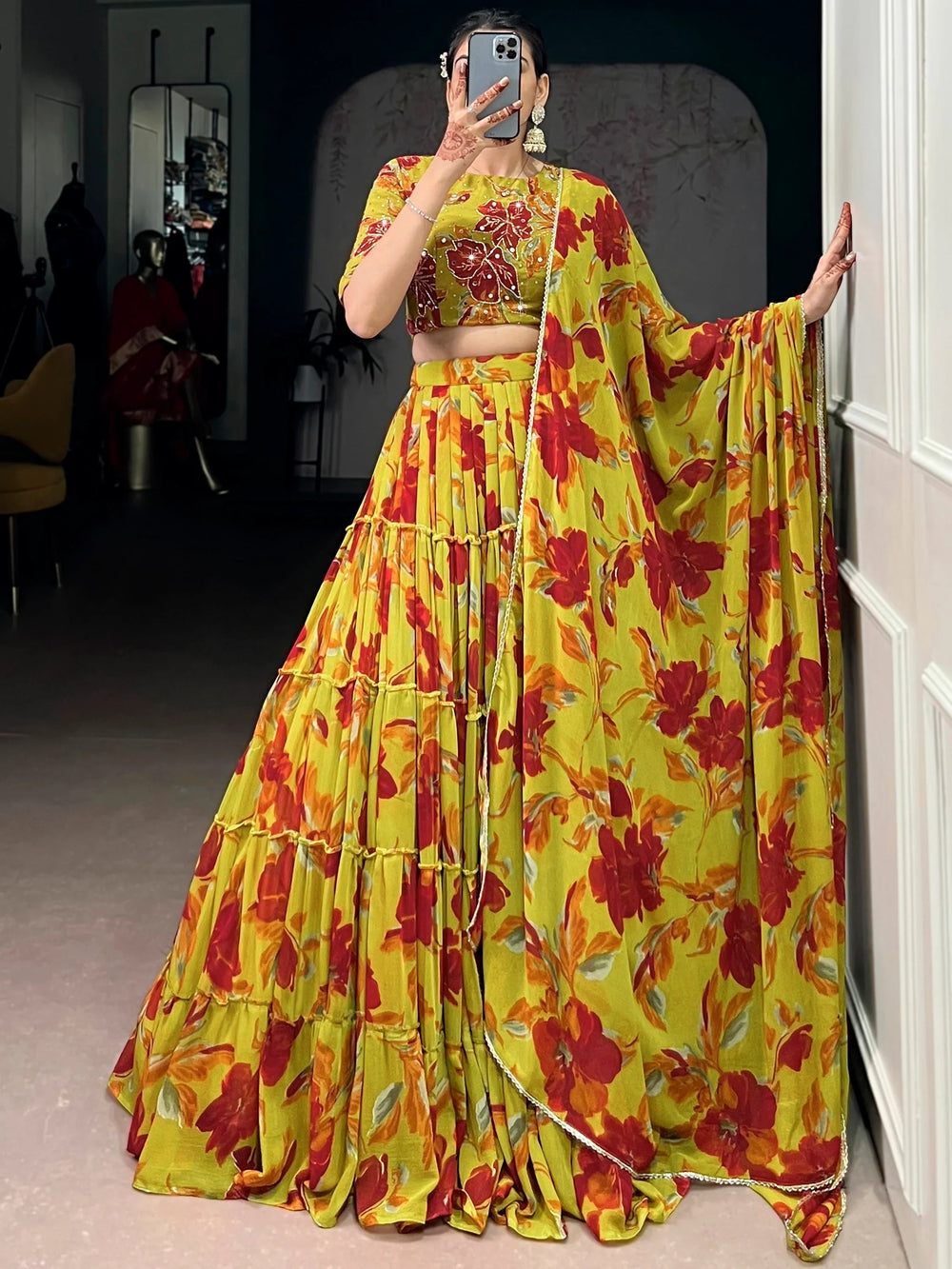 Yellow Georgette Floral Printed Festival Lehenga Choli for Women