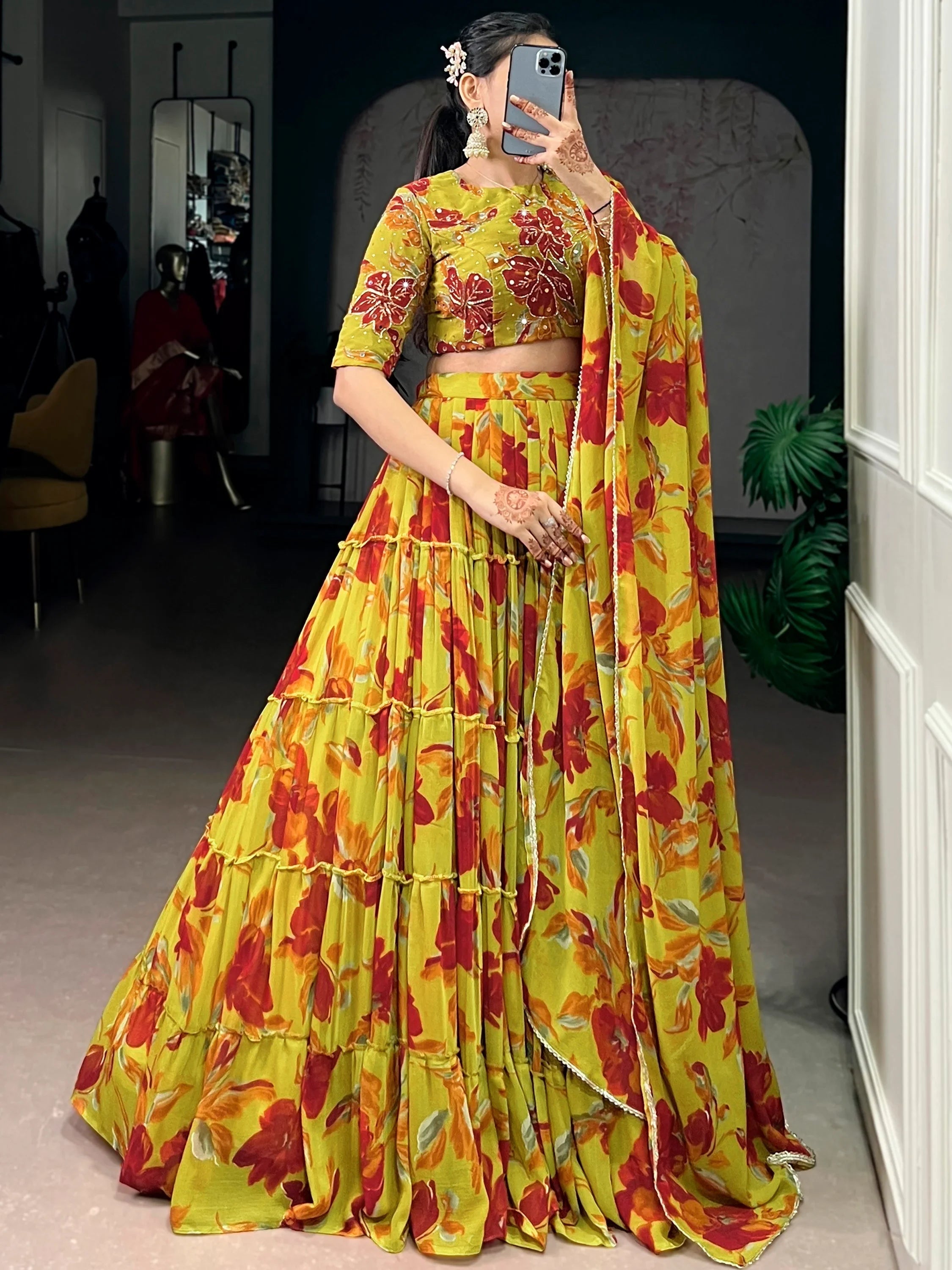 Yellow Georgette Floral Printed Festival Lehenga Choli for Women