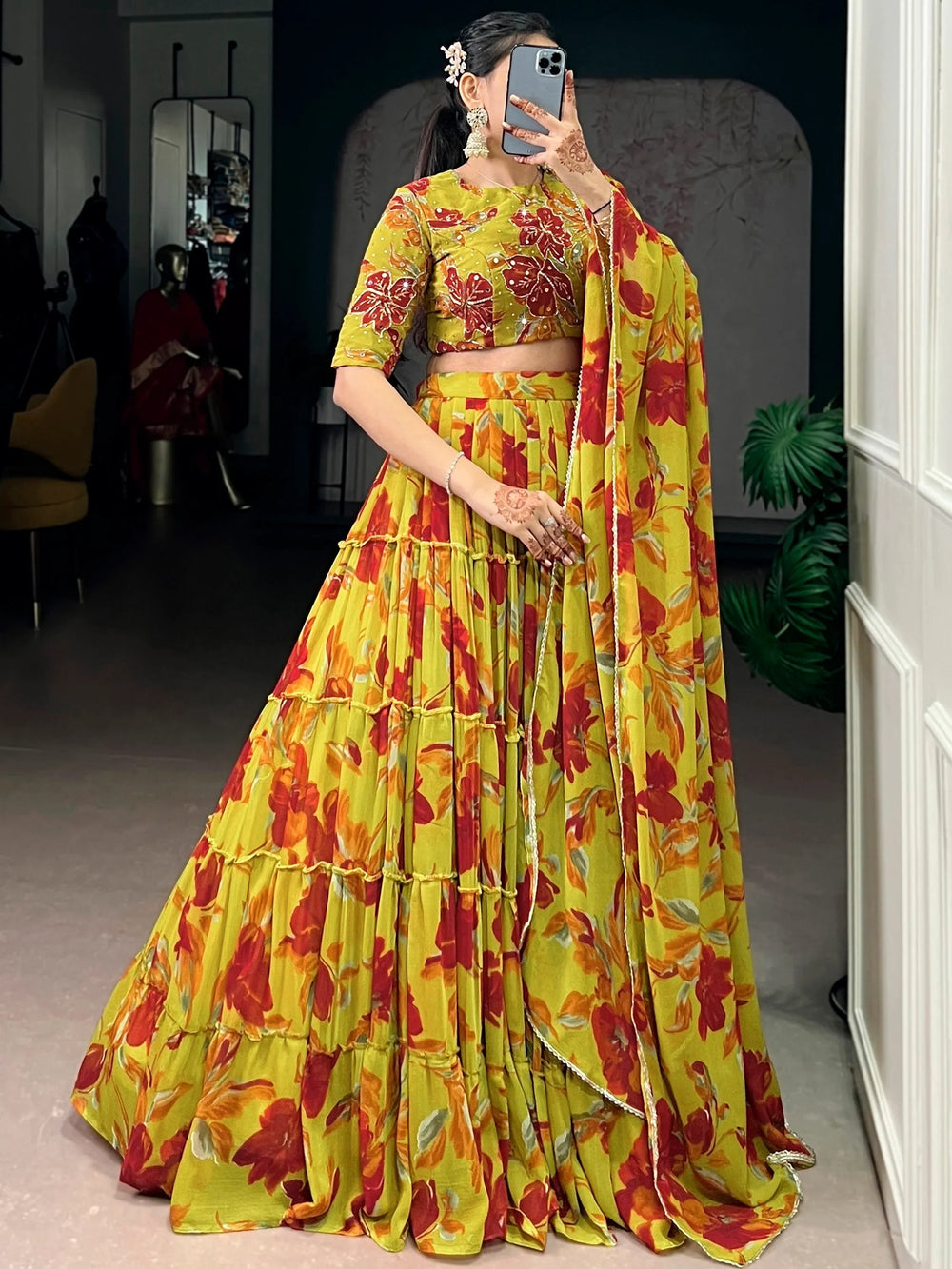 Yellow Georgette Floral Printed Festival Lehenga Choli for Women