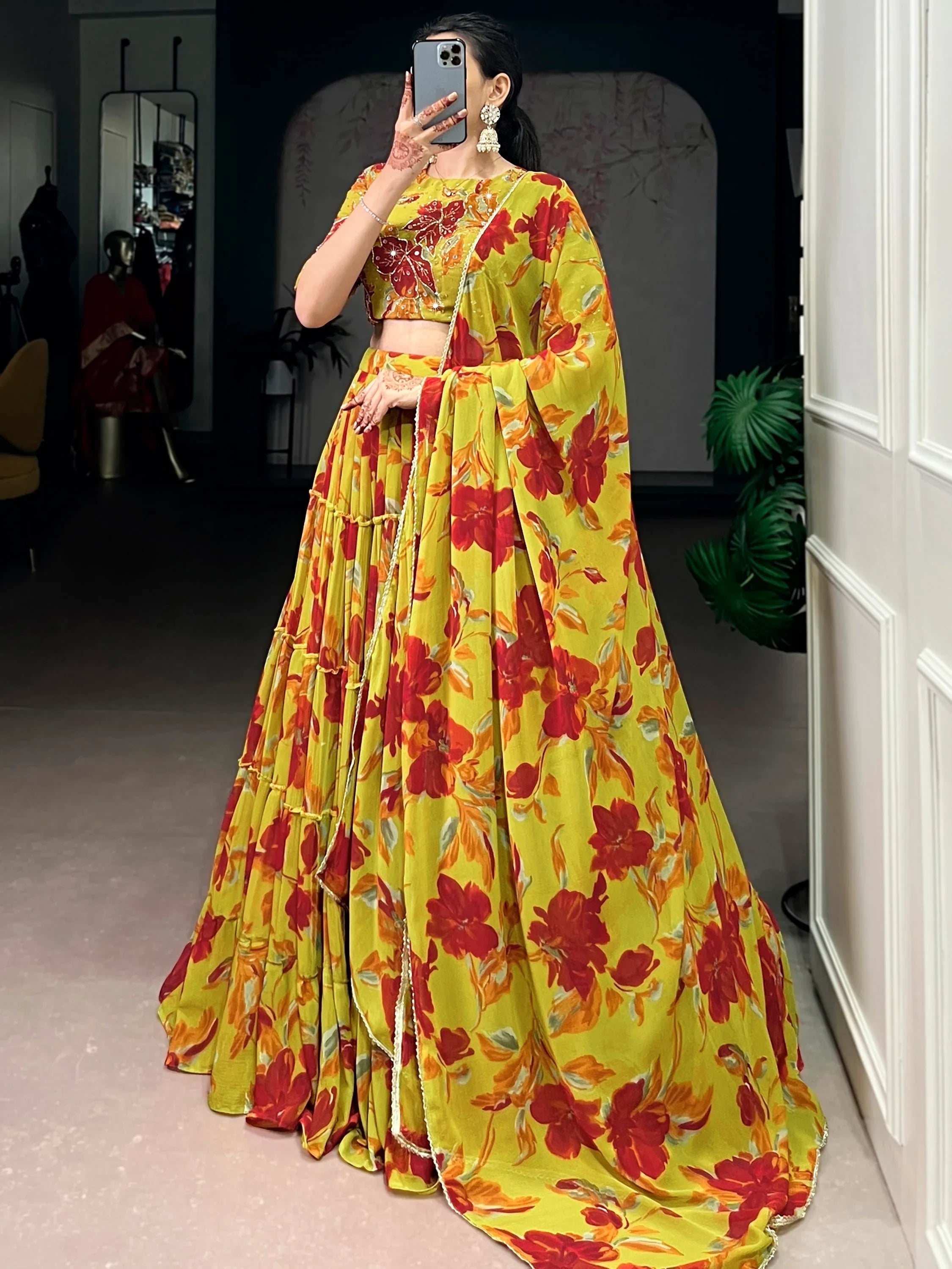 Yellow Georgette Floral Printed Festival Lehenga Choli for Women