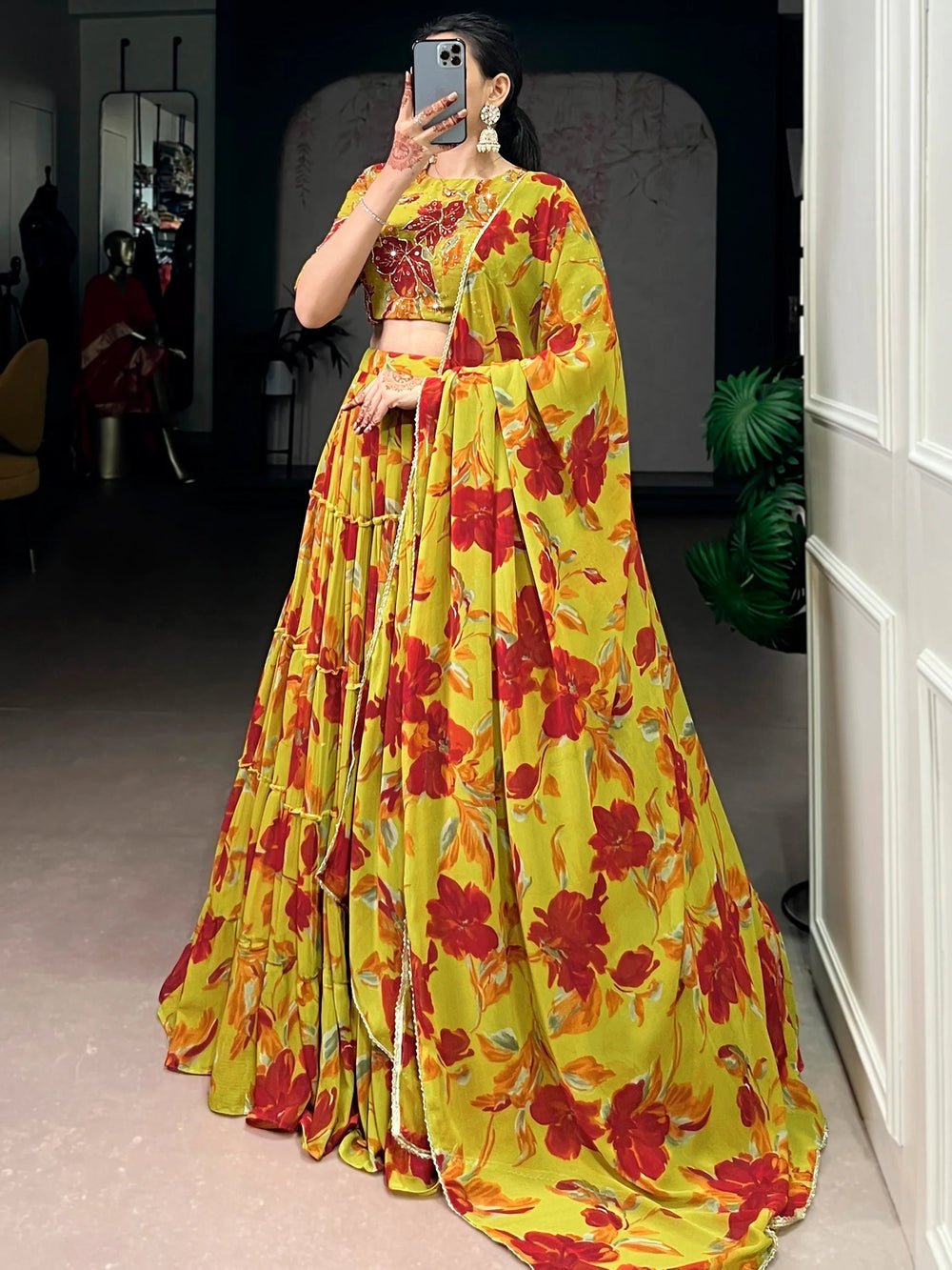 Yellow Georgette Floral Printed Festival Lehenga Choli for Women
