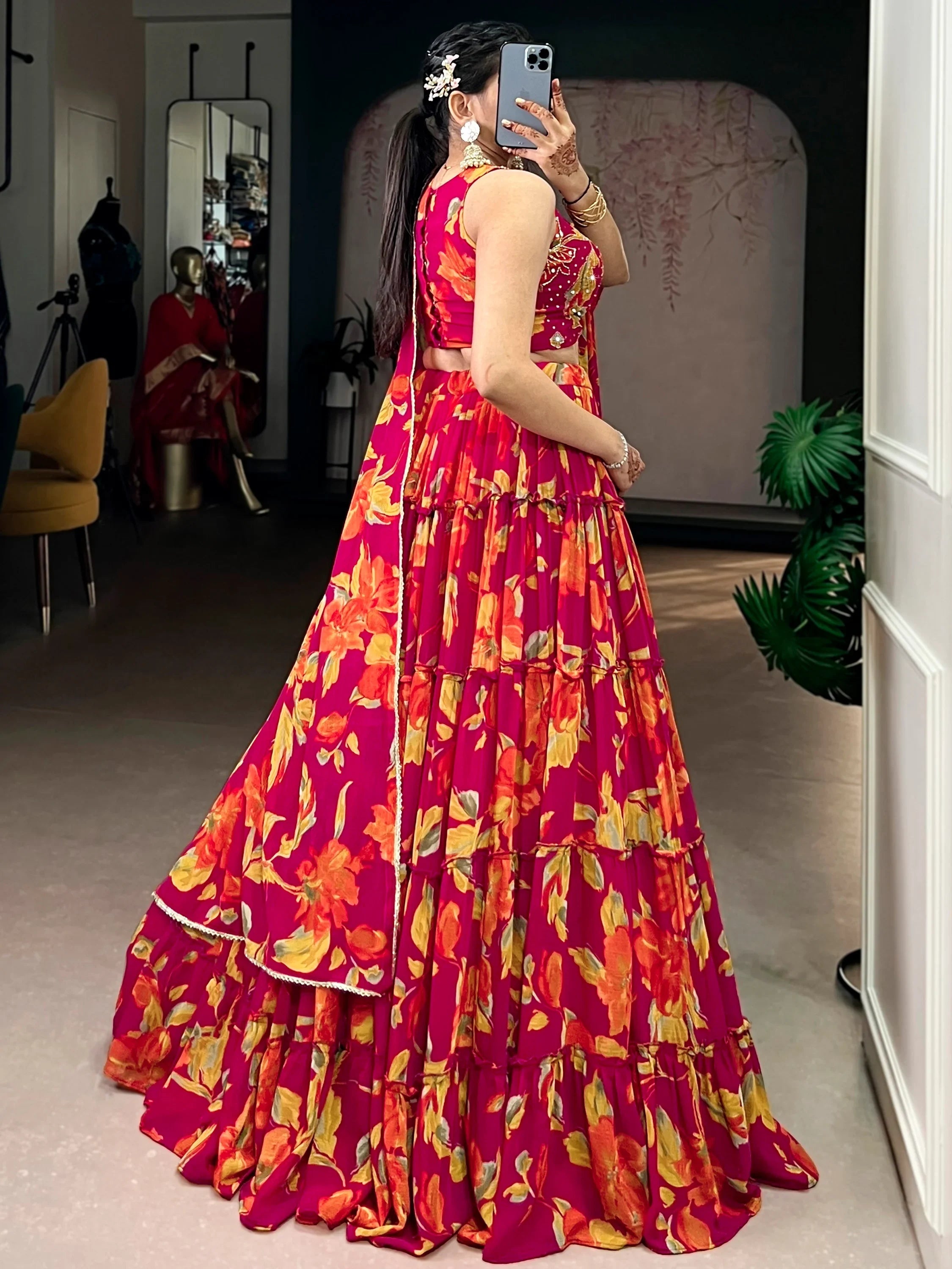 Pink Georgette Floral Printed Bridesmaid Lehenga Choli for Women