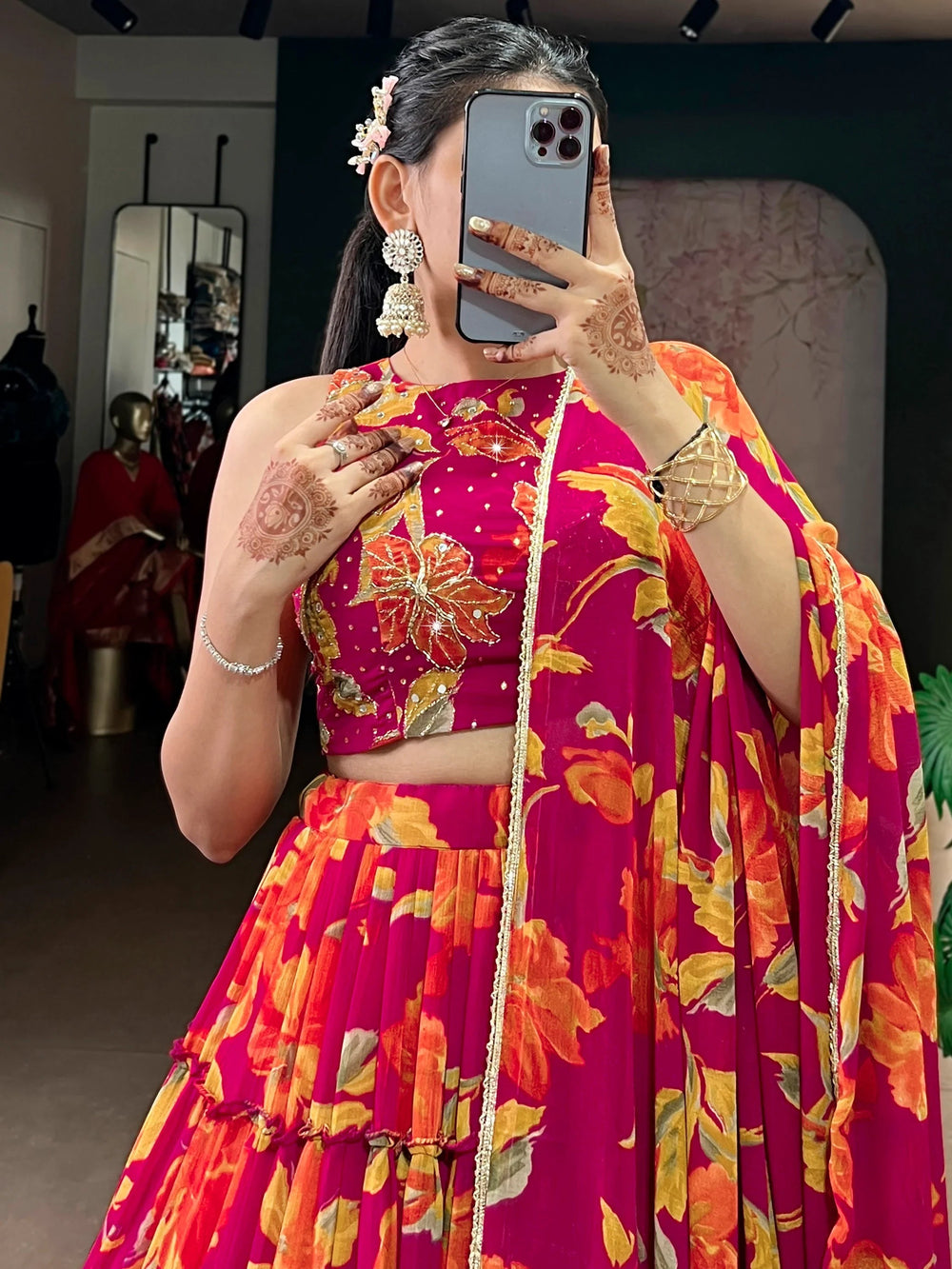 Pink Georgette Floral Printed Bridesmaid Lehenga Choli for Women